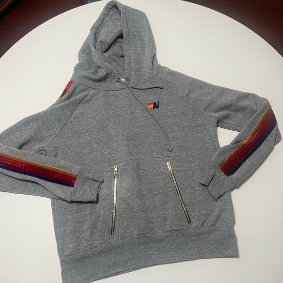 Rare Aviator Nation Gray Pullover Hoodie with Velvet Stripes and Zipper Pouch - Picture 10 of 10